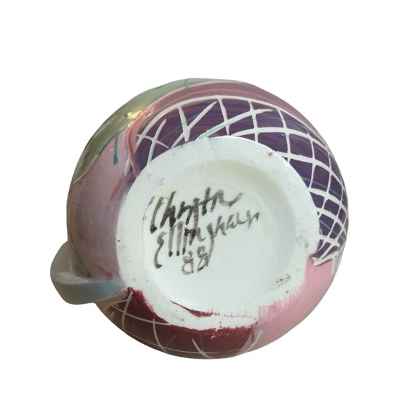 Ceramic Pitcher Vase Post Modern 1980s Colorful Pastel Artisan Signed Pink Blue - Picture 8 of 10